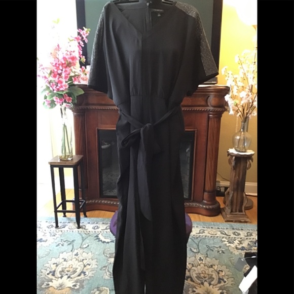 🌻NWT LANE BRYANT Sz28 SILVER STUDDED SHOULDERS BLACK CREPE BELTED JUMPSUIT - Picture 5 of 15